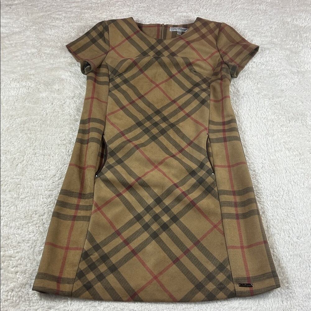 Jus d'Orange Paris tan plaid faux suede sheath dress, T1 or Small - Picture 3 of 9